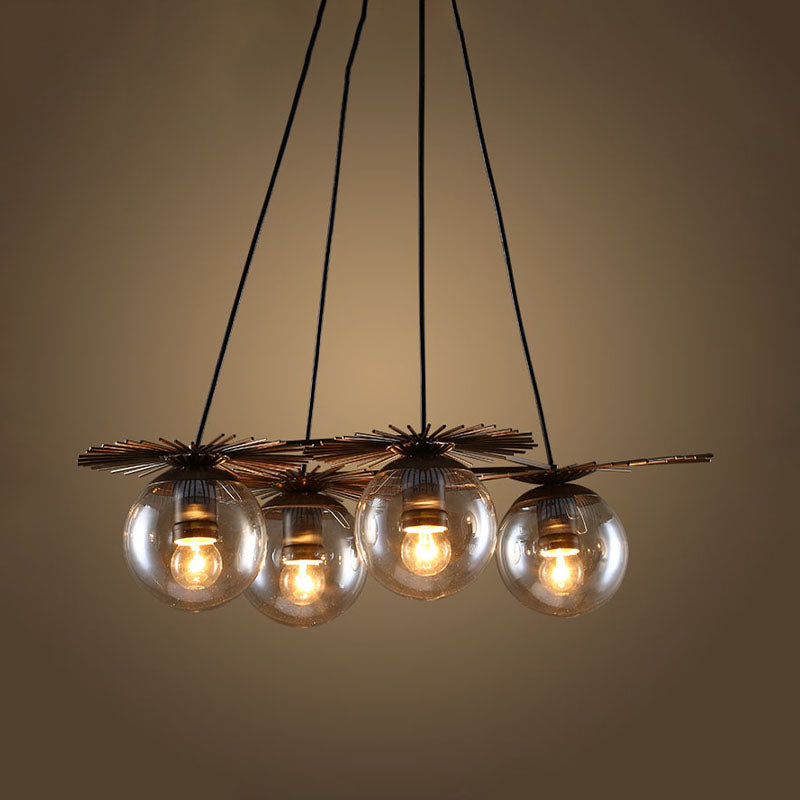 4 Bulbs Ceiling Chandelier Industrial Coffee House Pendant Light Fixture with Globe Amber Glass Shade Clearhalo 'Ceiling Lights' 'Chandeliers' 'Glass shade' 'Glass' 'Industrial Chandeliers' 'Industrial' 'Middle Century Chandeliers' 'Tiffany' Lighting' 537532