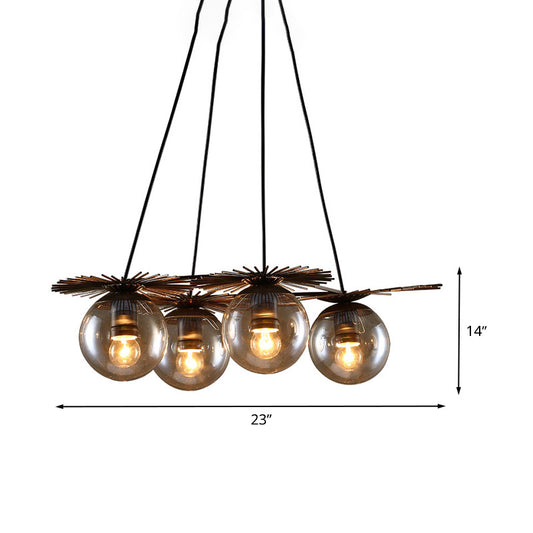 4 Bulbs Ceiling Chandelier Industrial Coffee House Pendant Light Fixture with Globe Amber Glass Shade Clearhalo 'Ceiling Lights' 'Chandeliers' 'Glass shade' 'Glass' 'Industrial Chandeliers' 'Industrial' 'Middle Century Chandeliers' 'Tiffany' Lighting' 537533