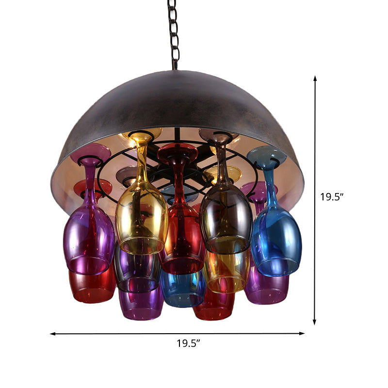 Dome Iron Hanging Chandelier Vintage 4 Lights Restaurant Suspended Pendant Lamp in Black with Colorful Wine Cup Deco Clearhalo 'Cast Iron' 'Ceiling Lights' 'Chandeliers' 'Industrial Chandeliers' 'Industrial' 'Metal' 'Middle Century Chandeliers' 'Rustic Chandeliers' 'Tiffany' Lighting' 537538