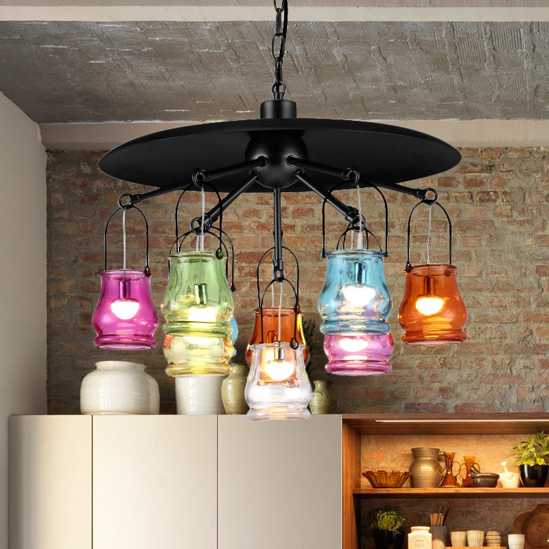 Industrial Can Pendant Lighting 10 Heads Arc Colorful Glass Chandelier Lamp Fixture in Black/Rust/Gold with Flat Metal Top Clearhalo 'Ceiling Lights' 'Chandeliers' 'Glass shade' 'Glass' 'Industrial Chandeliers' 'Industrial' 'Middle Century Chandeliers' 'Pendant Lights' 'Tiffany' Lighting' 537540