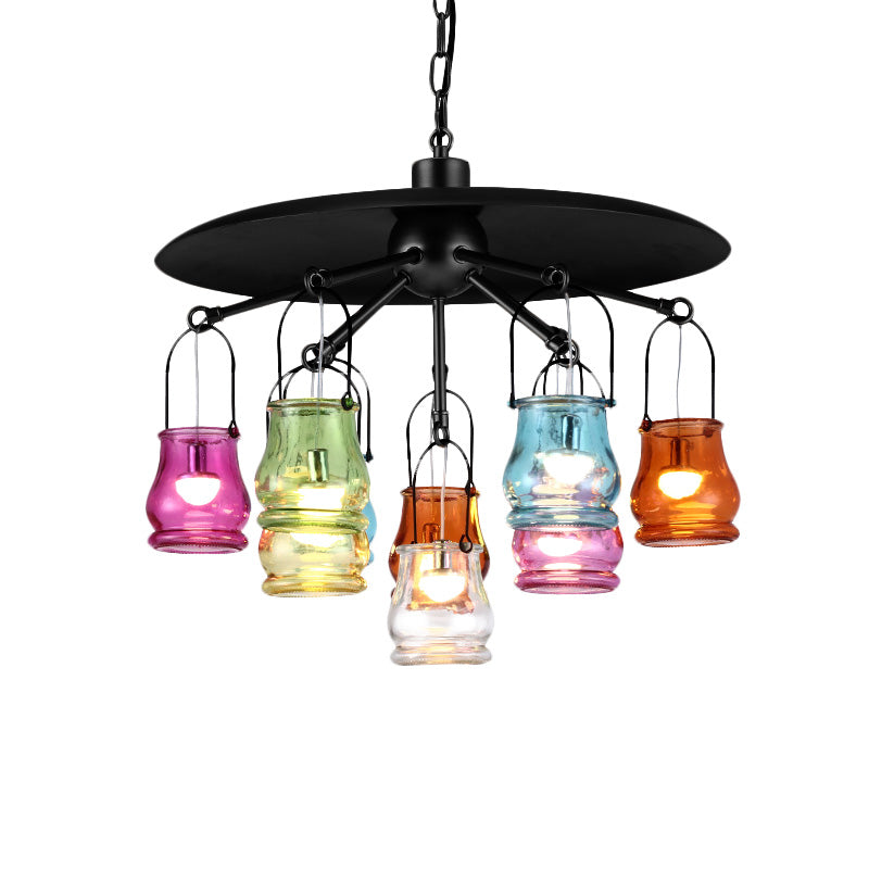 Industrial Can Pendant Lighting 10 Heads Arc Colorful Glass Chandelier Lamp Fixture in Black/Rust/Gold with Flat Metal Top Clearhalo 'Ceiling Lights' 'Chandeliers' 'Glass shade' 'Glass' 'Industrial Chandeliers' 'Industrial' 'Middle Century Chandeliers' 'Pendant Lights' 'Tiffany' Lighting' 537541