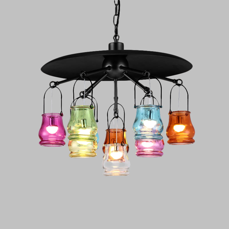 Industrial Can Pendant Lighting 10 Heads Arc Colorful Glass Chandelier Lamp Fixture in Black/Rust/Gold with Flat Metal Top Clearhalo 'Ceiling Lights' 'Chandeliers' 'Glass shade' 'Glass' 'Industrial Chandeliers' 'Industrial' 'Middle Century Chandeliers' 'Pendant Lights' 'Tiffany' Lighting' 537542