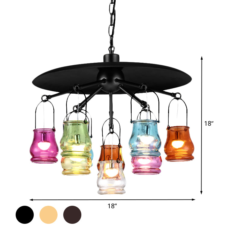 Industrial Can Pendant Lighting 10 Heads Arc Colorful Glass Chandelier Lamp Fixture in Black/Rust/Gold with Flat Metal Top Clearhalo 'Ceiling Lights' 'Chandeliers' 'Glass shade' 'Glass' 'Industrial Chandeliers' 'Industrial' 'Middle Century Chandeliers' 'Pendant Lights' 'Tiffany' Lighting' 537543