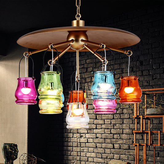 Industrial Can Pendant Lighting 10 Heads Arc Colorful Glass Chandelier Lamp Fixture in Black/Rust/Gold with Flat Metal Top Gold Clearhalo 'Ceiling Lights' 'Chandeliers' 'Glass shade' 'Glass' 'Industrial Chandeliers' 'Industrial' 'Middle Century Chandeliers' 'Pendant Lights' 'Tiffany' Lighting' 537544