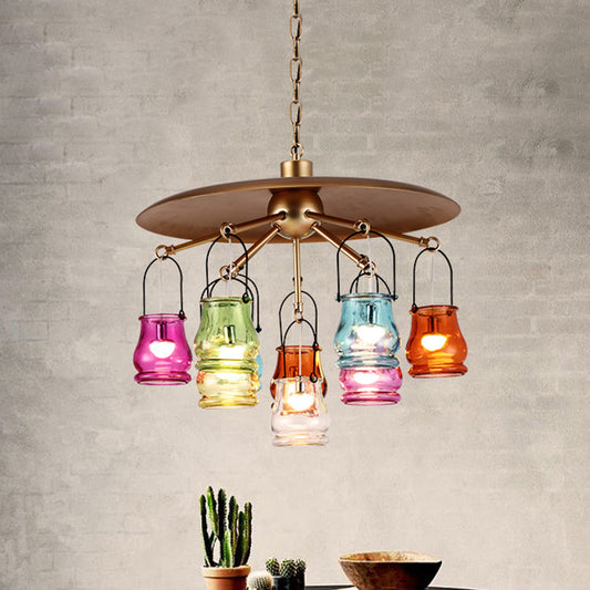 Industrial Can Pendant Lighting 10 Heads Arc Colorful Glass Chandelier Lamp Fixture in Black/Rust/Gold with Flat Metal Top Clearhalo 'Ceiling Lights' 'Chandeliers' 'Glass shade' 'Glass' 'Industrial Chandeliers' 'Industrial' 'Middle Century Chandeliers' 'Pendant Lights' 'Tiffany' Lighting' 537545