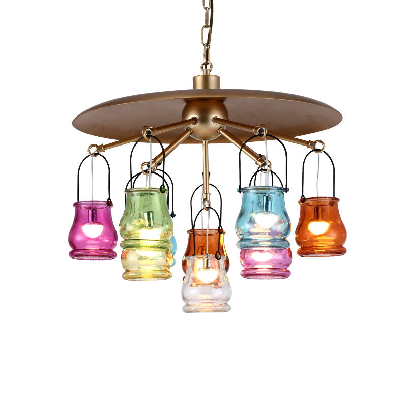 Industrial Can Pendant Lighting 10 Heads Arc Colorful Glass Chandelier Lamp Fixture in Black/Rust/Gold with Flat Metal Top Clearhalo 'Ceiling Lights' 'Chandeliers' 'Glass shade' 'Glass' 'Industrial Chandeliers' 'Industrial' 'Middle Century Chandeliers' 'Pendant Lights' 'Tiffany' Lighting' 537546