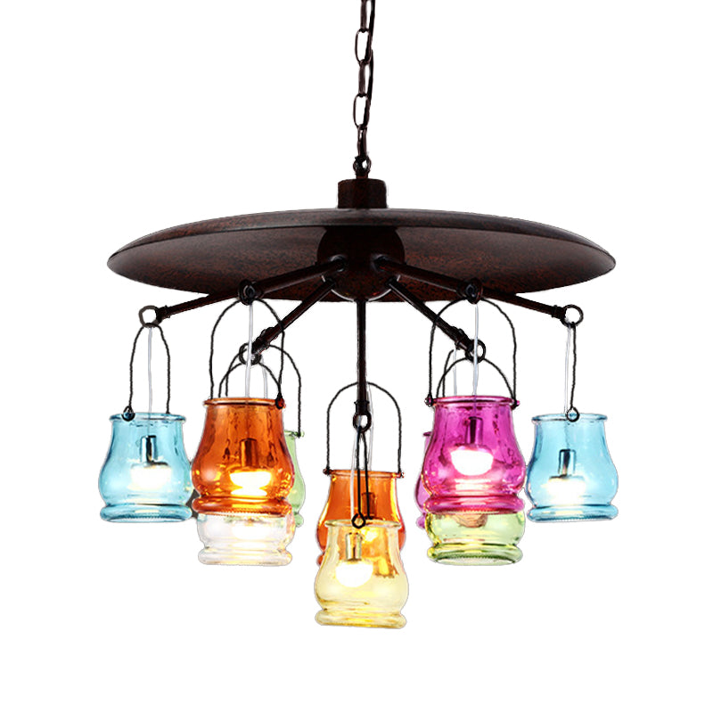 Industrial Can Pendant Lighting 10 Heads Arc Colorful Glass Chandelier Lamp Fixture in Black/Rust/Gold with Flat Metal Top Clearhalo 'Ceiling Lights' 'Chandeliers' 'Glass shade' 'Glass' 'Industrial Chandeliers' 'Industrial' 'Middle Century Chandeliers' 'Pendant Lights' 'Tiffany' Lighting' 537549