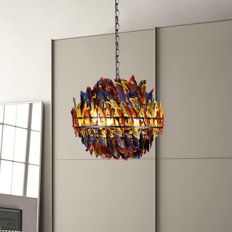 Iron Blue Ceiling Chandelier Globe Cage 4-Light Industrial Suspension Lamp with Multi-Color Feather Deco Blue Clearhalo 'Cast Iron' 'Ceiling Lights' 'Chandeliers' 'Industrial Chandeliers' 'Industrial' 'Metal' 'Middle Century Chandeliers' 'Rustic Chandeliers' 'Tiffany' Lighting' 537560
