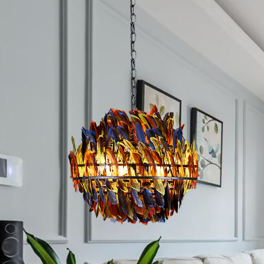 Iron Blue Ceiling Chandelier Globe Cage 4-Light Industrial Suspension Lamp with Multi-Color Feather Deco Clearhalo 'Cast Iron' 'Ceiling Lights' 'Chandeliers' 'Industrial Chandeliers' 'Industrial' 'Metal' 'Middle Century Chandeliers' 'Rustic Chandeliers' 'Tiffany' Lighting' 537561