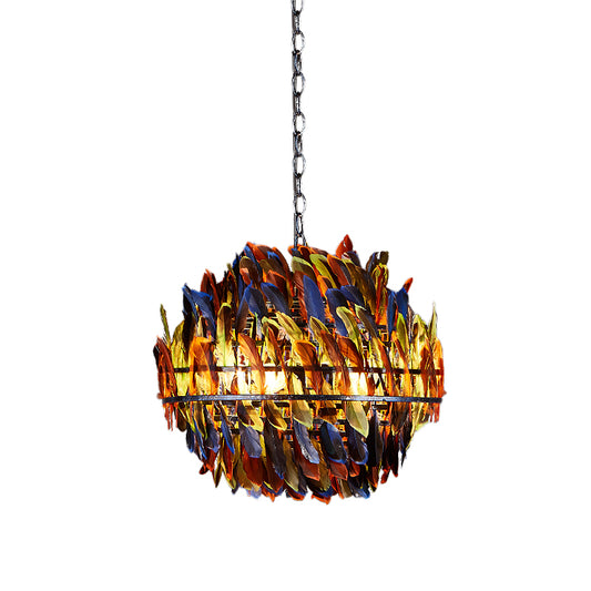 Iron Blue Ceiling Chandelier Globe Cage 4-Light Industrial Suspension Lamp with Multi-Color Feather Deco Clearhalo 'Cast Iron' 'Ceiling Lights' 'Chandeliers' 'Industrial Chandeliers' 'Industrial' 'Metal' 'Middle Century Chandeliers' 'Rustic Chandeliers' 'Tiffany' Lighting' 537562