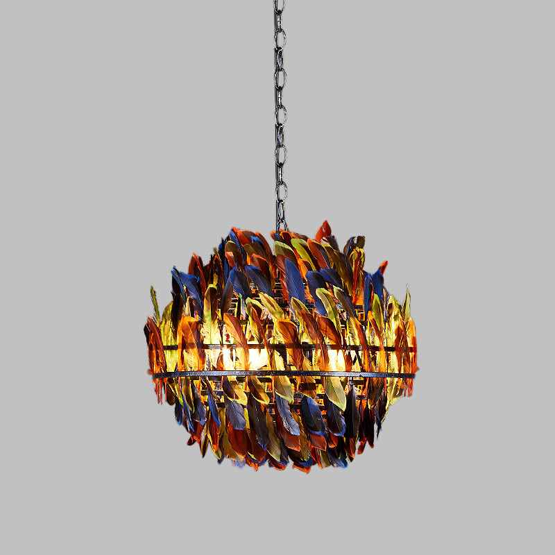 Iron Blue Ceiling Chandelier Globe Cage 4-Light Industrial Suspension Lamp with Multi-Color Feather Deco Clearhalo 'Cast Iron' 'Ceiling Lights' 'Chandeliers' 'Industrial Chandeliers' 'Industrial' 'Metal' 'Middle Century Chandeliers' 'Rustic Chandeliers' 'Tiffany' Lighting' 537563