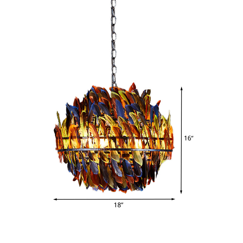 Iron Blue Ceiling Chandelier Globe Cage 4-Light Industrial Suspension Lamp with Multi-Color Feather Deco Clearhalo 'Cast Iron' 'Ceiling Lights' 'Chandeliers' 'Industrial Chandeliers' 'Industrial' 'Metal' 'Middle Century Chandeliers' 'Rustic Chandeliers' 'Tiffany' Lighting' 537564