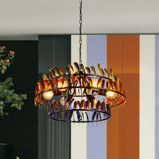 6 Bulbs Hanging Lighting Art Deco Feather Metallic Chandelier Pendant Lamp in Red and Blue Red-Blue Clearhalo 'Cast Iron' 'Ceiling Lights' 'Chandeliers' 'Industrial Chandeliers' 'Industrial' 'Metal' 'Middle Century Chandeliers' 'Rustic Chandeliers' 'Tiffany' Lighting' 537565
