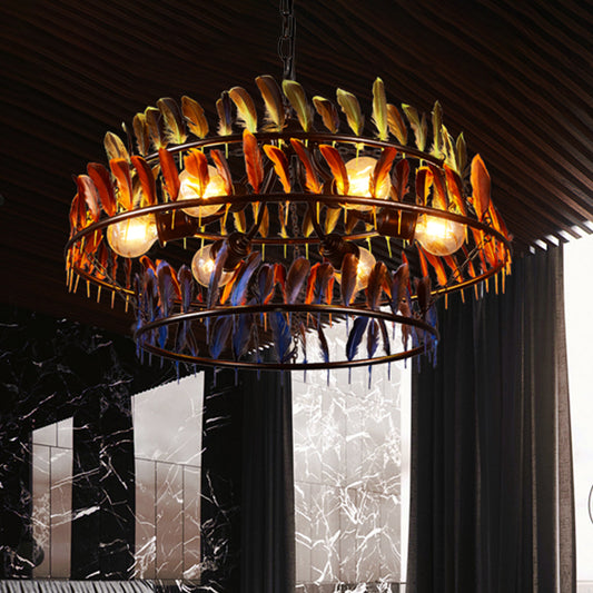 6 Bulbs Hanging Lighting Art Deco Feather Metallic Chandelier Pendant Lamp in Red and Blue Clearhalo 'Cast Iron' 'Ceiling Lights' 'Chandeliers' 'Industrial Chandeliers' 'Industrial' 'Metal' 'Middle Century Chandeliers' 'Rustic Chandeliers' 'Tiffany' Lighting' 537566