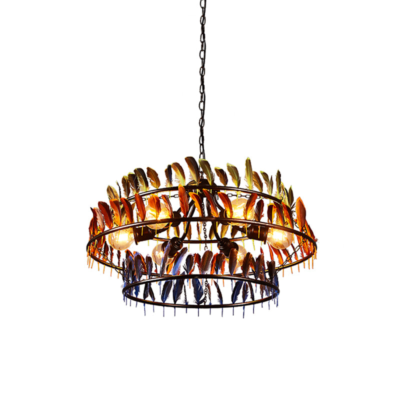 6 Bulbs Hanging Lighting Art Deco Feather Metallic Chandelier Pendant Lamp in Red and Blue Clearhalo 'Cast Iron' 'Ceiling Lights' 'Chandeliers' 'Industrial Chandeliers' 'Industrial' 'Metal' 'Middle Century Chandeliers' 'Rustic Chandeliers' 'Tiffany' Lighting' 537567