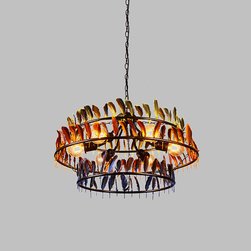 6 Bulbs Hanging Lighting Art Deco Feather Metallic Chandelier Pendant Lamp in Red and Blue Clearhalo 'Cast Iron' 'Ceiling Lights' 'Chandeliers' 'Industrial Chandeliers' 'Industrial' 'Metal' 'Middle Century Chandeliers' 'Rustic Chandeliers' 'Tiffany' Lighting' 537568