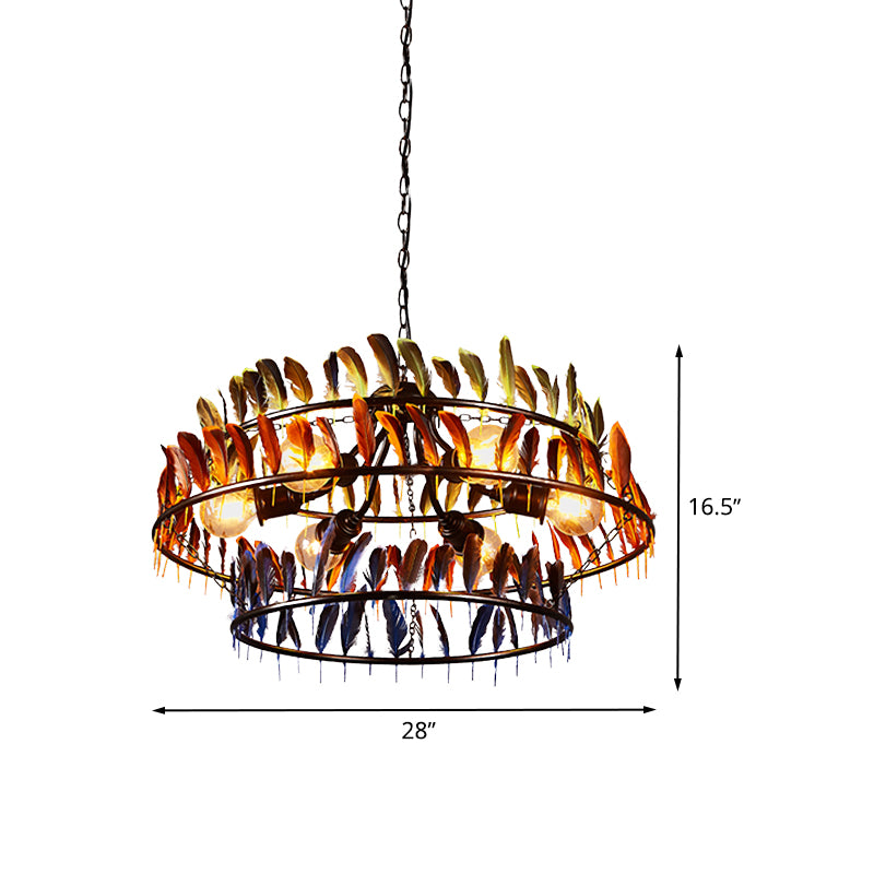 6 Bulbs Hanging Lighting Art Deco Feather Metallic Chandelier Pendant Lamp in Red and Blue Clearhalo 'Cast Iron' 'Ceiling Lights' 'Chandeliers' 'Industrial Chandeliers' 'Industrial' 'Metal' 'Middle Century Chandeliers' 'Rustic Chandeliers' 'Tiffany' Lighting' 537569