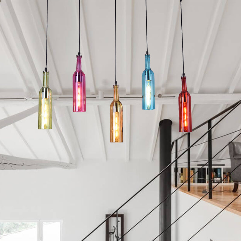 5 Heads Colorful Glass Hanging Lighting Vintage Black Bottle Restaurant Cluster Pendant Lamp with Linear Canopy Black Clearhalo 'Ceiling Lights' 'Glass shade' 'Glass' 'Industrial Pendants' 'Industrial' 'Island Lights' 'Middle Century Pendants' 'Pendant Lights' 'Pendants' 'Tiffany' Lighting' 537602
