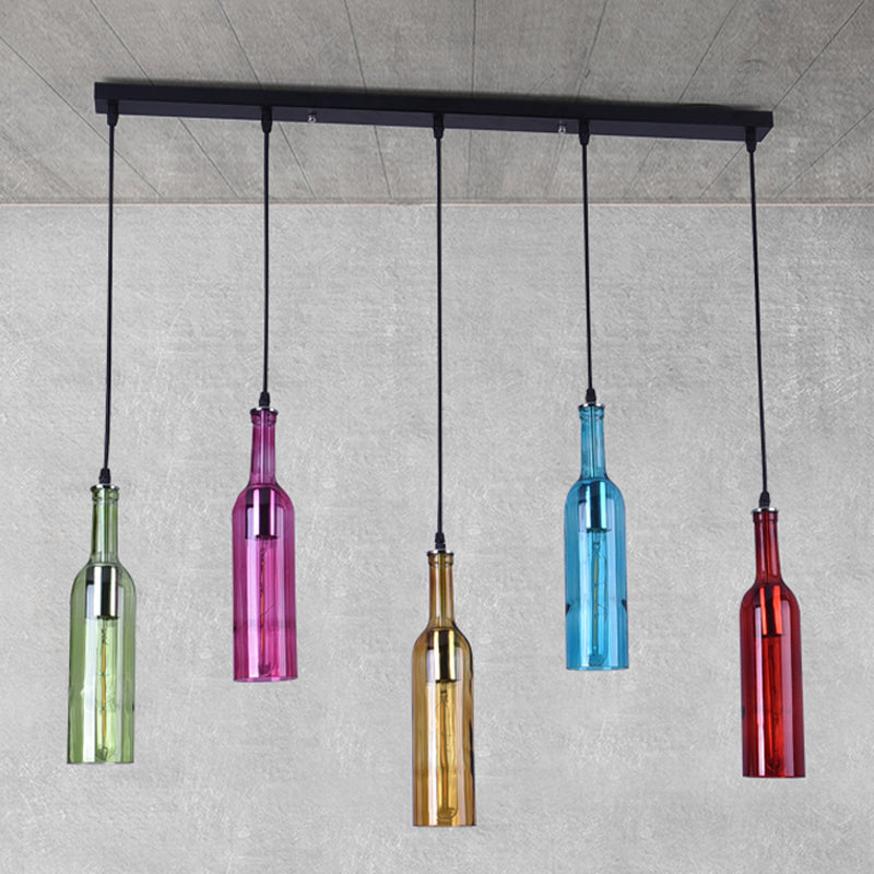 5 Heads Colorful Glass Hanging Lighting Vintage Black Bottle Restaurant Cluster Pendant Lamp with Linear Canopy Clearhalo 'Ceiling Lights' 'Glass shade' 'Glass' 'Industrial Pendants' 'Industrial' 'Island Lights' 'Middle Century Pendants' 'Pendant Lights' 'Pendants' 'Tiffany' Lighting' 537603
