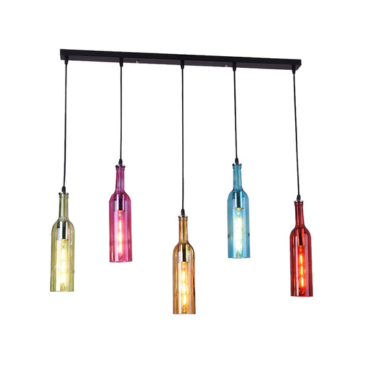 5 Heads Colorful Glass Hanging Lighting Vintage Black Bottle Restaurant Cluster Pendant Lamp with Linear Canopy Clearhalo 'Ceiling Lights' 'Glass shade' 'Glass' 'Industrial Pendants' 'Industrial' 'Island Lights' 'Middle Century Pendants' 'Pendant Lights' 'Pendants' 'Tiffany' Lighting' 537604