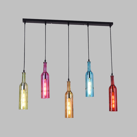5 Heads Colorful Glass Hanging Lighting Vintage Black Bottle Restaurant Cluster Pendant Lamp with Linear Canopy Clearhalo 'Ceiling Lights' 'Glass shade' 'Glass' 'Industrial Pendants' 'Industrial' 'Island Lights' 'Middle Century Pendants' 'Pendant Lights' 'Pendants' 'Tiffany' Lighting' 537605