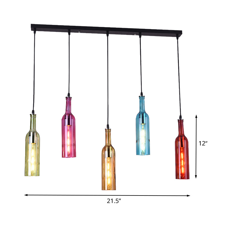 5 Heads Colorful Glass Hanging Lighting Vintage Black Bottle Restaurant Cluster Pendant Lamp with Linear Canopy Clearhalo 'Ceiling Lights' 'Glass shade' 'Glass' 'Industrial Pendants' 'Industrial' 'Island Lights' 'Middle Century Pendants' 'Pendant Lights' 'Pendants' 'Tiffany' Lighting' 537606