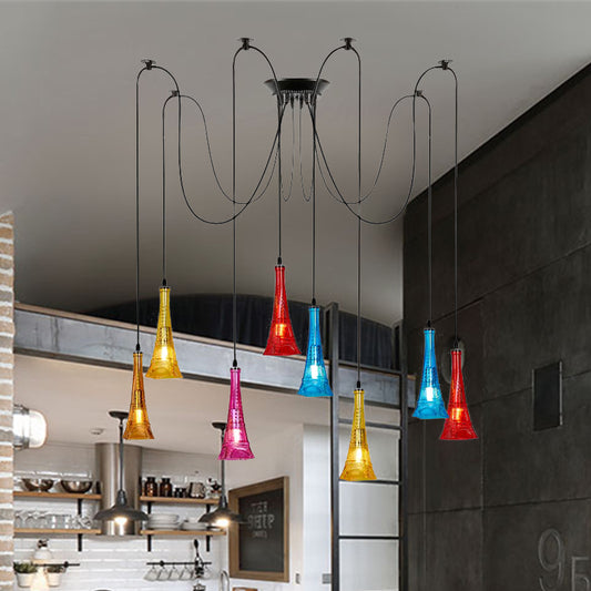 Black 8 Bulbs Multi Light Pendant Antiqued Colorful Glass Eiffel Tower Shape Swag Ceiling Hang Fixture Clearhalo 'Ceiling Lights' 'Chandeliers' 'Glass shade' 'Glass' 'Industrial Pendants' 'Industrial' 'Middle Century Pendants' 'Pendant Lights' 'Pendants' 'Tiffany' Lighting' 537608