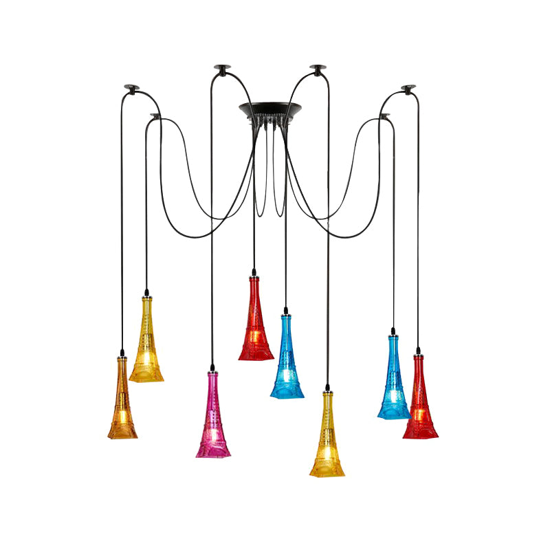 Black 8 Bulbs Multi Light Pendant Antiqued Colorful Glass Eiffel Tower Shape Swag Ceiling Hang Fixture Clearhalo 'Ceiling Lights' 'Chandeliers' 'Glass shade' 'Glass' 'Industrial Pendants' 'Industrial' 'Middle Century Pendants' 'Pendant Lights' 'Pendants' 'Tiffany' Lighting' 537609