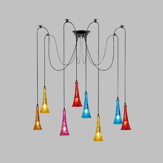 Black 8 Bulbs Multi Light Pendant Antiqued Colorful Glass Eiffel Tower Shape Swag Ceiling Hang Fixture Clearhalo 'Ceiling Lights' 'Chandeliers' 'Glass shade' 'Glass' 'Industrial Pendants' 'Industrial' 'Middle Century Pendants' 'Pendant Lights' 'Pendants' 'Tiffany' Lighting' 537610