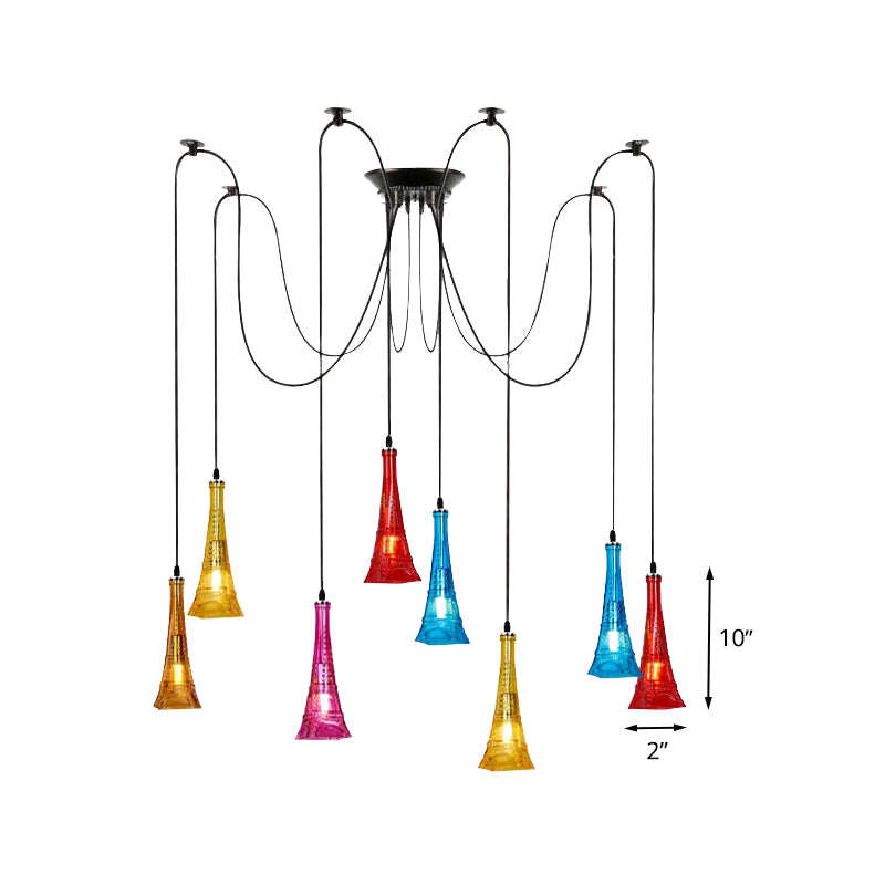 Black 8 Bulbs Multi Light Pendant Antiqued Colorful Glass Eiffel Tower Shape Swag Ceiling Hang Fixture Clearhalo 'Ceiling Lights' 'Chandeliers' 'Glass shade' 'Glass' 'Industrial Pendants' 'Industrial' 'Middle Century Pendants' 'Pendant Lights' 'Pendants' 'Tiffany' Lighting' 537611