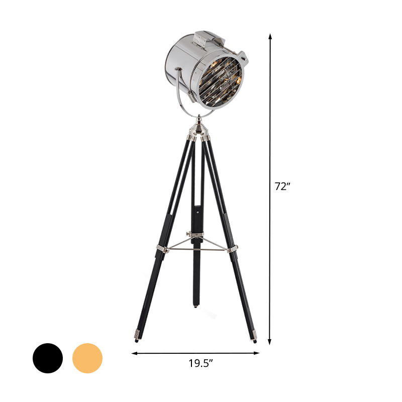 Metallic Cylinder Spotlight Industrial Style 1 Head Living Room Floor Lamp in Black/Wood with Tripod Clearhalo 'Floor Lamps' 'Lamps' Lighting' 537630