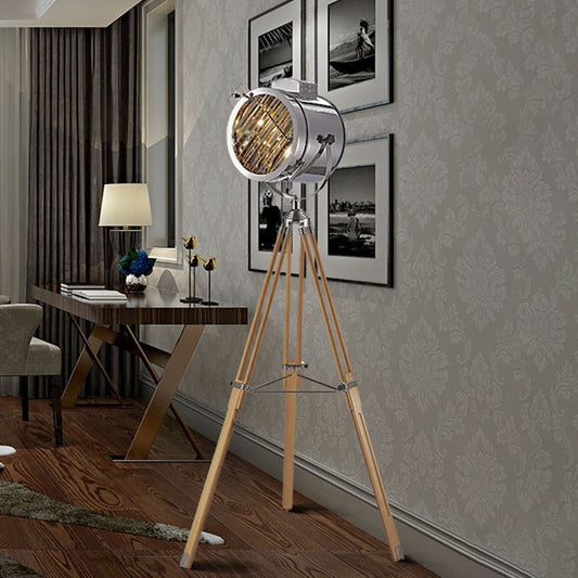 Metallic Cylinder Spotlight Industrial Style 1 Head Living Room Floor Lamp in Black/Wood with Tripod Wood Clearhalo 'Floor Lamps' 'Lamps' Lighting' 537631