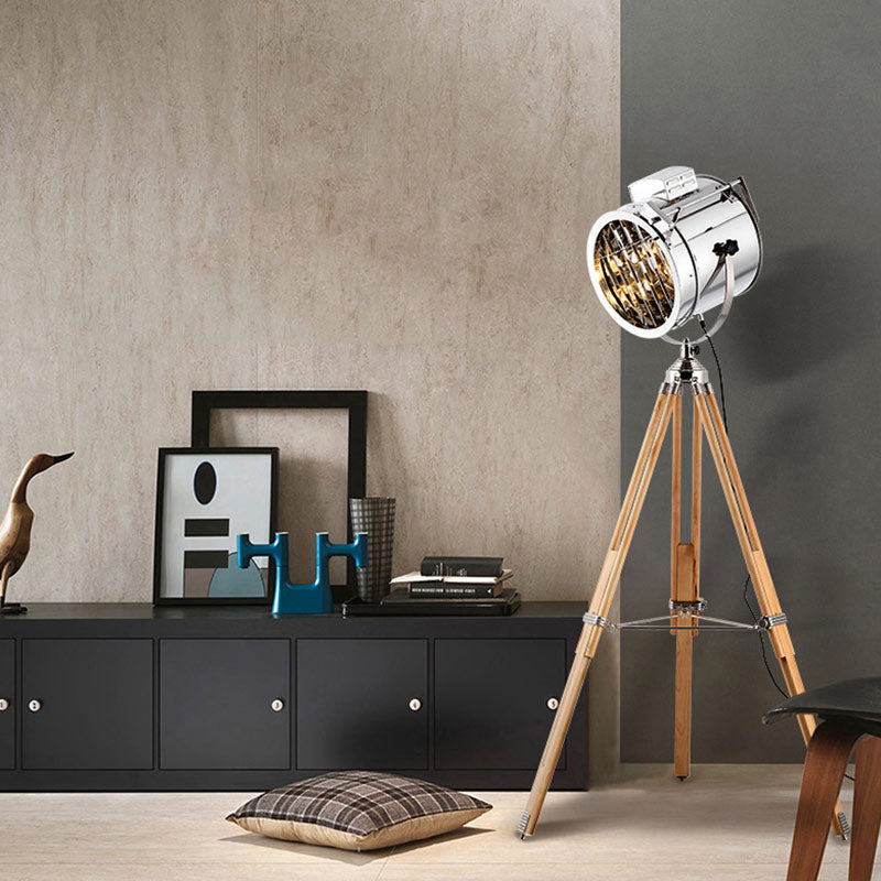 Metallic Cylinder Spotlight Industrial Style 1 Head Living Room Floor Lamp in Black/Wood with Tripod Clearhalo 'Floor Lamps' 'Lamps' Lighting' 537632