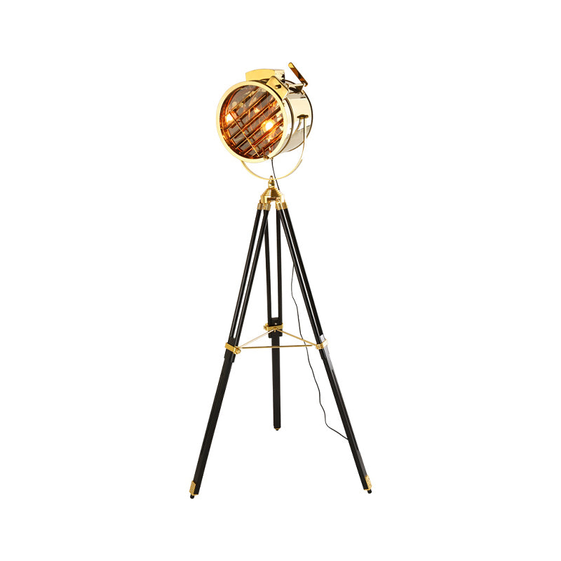 Black/Wood 1-Bulb Standing Lamp Vintage Metal Cylinder Spotlight Floor Light with Tripod for Living Room Clearhalo 'Floor Lamps' 'Lamps' Lighting' 537636
