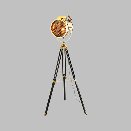 Black/Wood 1-Bulb Standing Lamp Vintage Metal Cylinder Spotlight Floor Light with Tripod for Living Room Clearhalo 'Floor Lamps' 'Lamps' Lighting' 537637