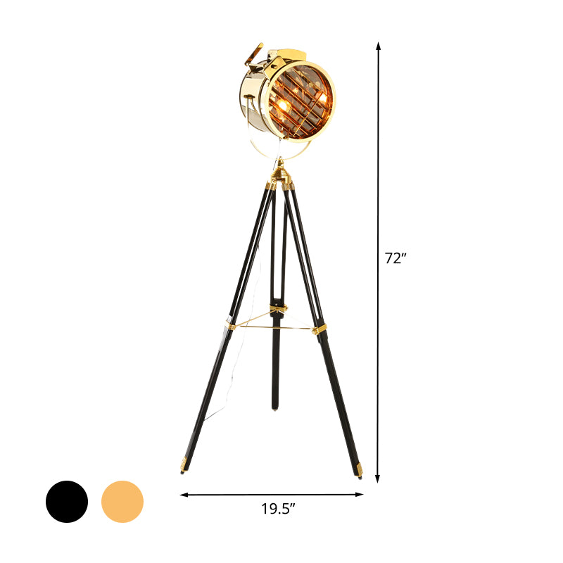 Black/Wood 1-Bulb Standing Lamp Vintage Metal Cylinder Spotlight Floor Light with Tripod for Living Room Clearhalo 'Floor Lamps' 'Lamps' Lighting' 537638