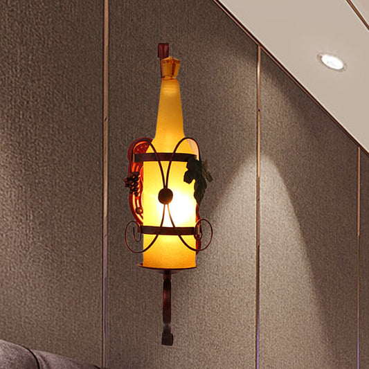 1 Head Bottle Sconce Lighting Vintage Copper Yellow Glass Wall-Mount Lamp Fixture with Wine Rack Design Yellow Clearhalo 'Cast Iron' 'Glass' 'Industrial wall lights' 'Industrial' 'Middle century wall lights' 'Modern' 'Tiffany' 'Traditional wall lights' 'Wall Lamps & Sconces' 'Wall Lights' Lighting' 537647