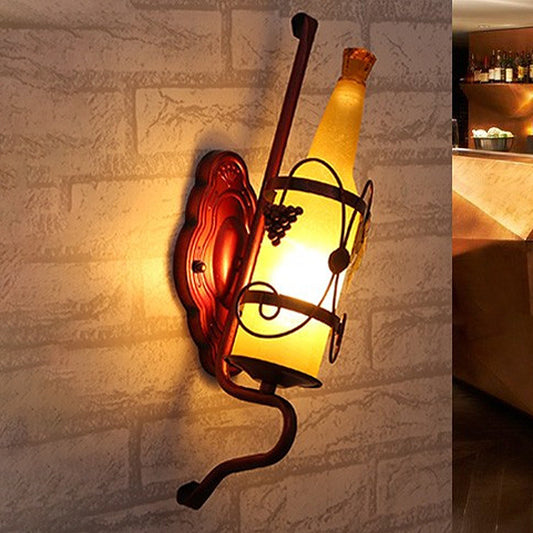 1 Head Bottle Sconce Lighting Vintage Copper Yellow Glass Wall-Mount Lamp Fixture with Wine Rack Design Clearhalo 'Cast Iron' 'Glass' 'Industrial wall lights' 'Industrial' 'Middle century wall lights' 'Modern' 'Tiffany' 'Traditional wall lights' 'Wall Lamps & Sconces' 'Wall Lights' Lighting' 537648