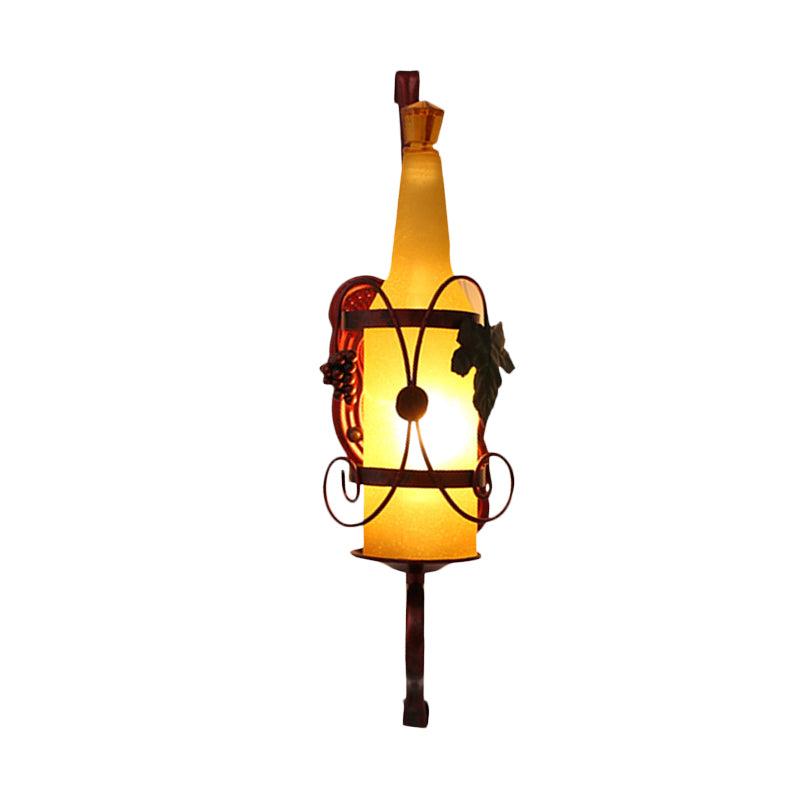 1 Head Bottle Sconce Lighting Vintage Copper Yellow Glass Wall-Mount Lamp Fixture with Wine Rack Design Clearhalo 'Cast Iron' 'Glass' 'Industrial wall lights' 'Industrial' 'Middle century wall lights' 'Modern' 'Tiffany' 'Traditional wall lights' 'Wall Lamps & Sconces' 'Wall Lights' Lighting' 537649