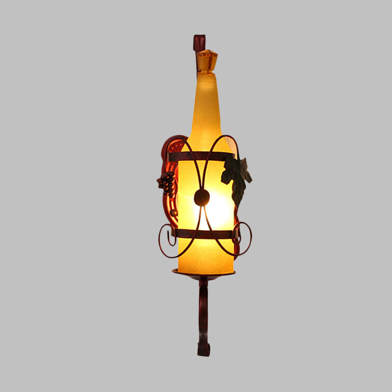 1 Head Bottle Sconce Lighting Vintage Copper Yellow Glass Wall-Mount Lamp Fixture with Wine Rack Design Clearhalo 'Cast Iron' 'Glass' 'Industrial wall lights' 'Industrial' 'Middle century wall lights' 'Modern' 'Tiffany' 'Traditional wall lights' 'Wall Lamps & Sconces' 'Wall Lights' Lighting' 537650