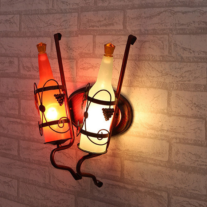 Art Deco Bottle Wall Mount Lighting 2 Bulbs Yellow/Yellow and Green/Red and White Glass Wall Sconce Lamp in Copper with Wine Rack Backplate Red-White Clearhalo 'Art deco wall lights' 'Cast Iron' 'Glass' 'Industrial wall lights' 'Industrial' 'Middle century wall lights' 'Modern' 'Rustic wall lights' 'Tiffany' 'Traditional wall lights' 'Wall Lamps & Sconces' 'Wall Lights' Lighting' 537657
