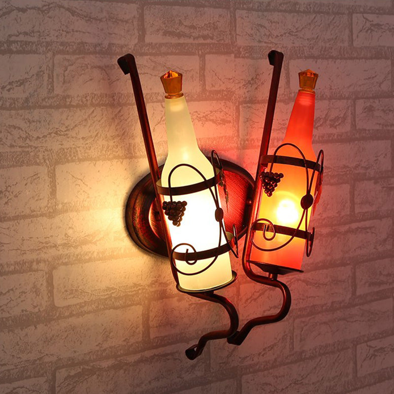Art Deco Bottle Wall Mount Lighting 2 Bulbs Yellow/Yellow and Green/Red and White Glass Wall Sconce Lamp in Copper with Wine Rack Backplate Clearhalo 'Art deco wall lights' 'Cast Iron' 'Glass' 'Industrial wall lights' 'Industrial' 'Middle century wall lights' 'Modern' 'Rustic wall lights' 'Tiffany' 'Traditional wall lights' 'Wall Lamps & Sconces' 'Wall Lights' Lighting' 537658