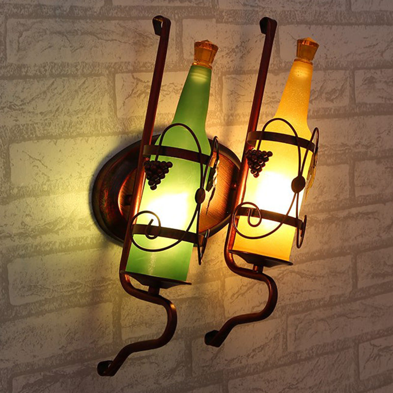 Art Deco Bottle Wall Mount Lighting 2 Bulbs Yellow/Yellow and Green/Red and White Glass Wall Sconce Lamp in Copper with Wine Rack Backplate Yellow-Green Clearhalo 'Art deco wall lights' 'Cast Iron' 'Glass' 'Industrial wall lights' 'Industrial' 'Middle century wall lights' 'Modern' 'Rustic wall lights' 'Tiffany' 'Traditional wall lights' 'Wall Lamps & Sconces' 'Wall Lights' Lighting' 537660