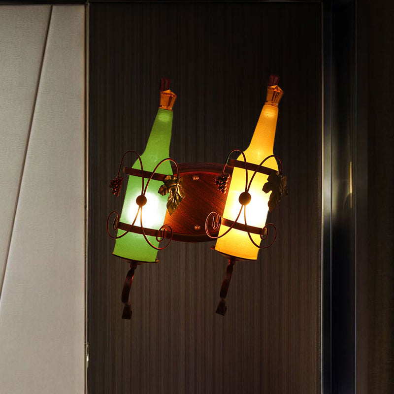 Art Deco Bottle Wall Mount Lighting 2 Bulbs Yellow/Yellow and Green/Red and White Glass Wall Sconce Lamp in Copper with Wine Rack Backplate Clearhalo 'Art deco wall lights' 'Cast Iron' 'Glass' 'Industrial wall lights' 'Industrial' 'Middle century wall lights' 'Modern' 'Rustic wall lights' 'Tiffany' 'Traditional wall lights' 'Wall Lamps & Sconces' 'Wall Lights' Lighting' 537661
