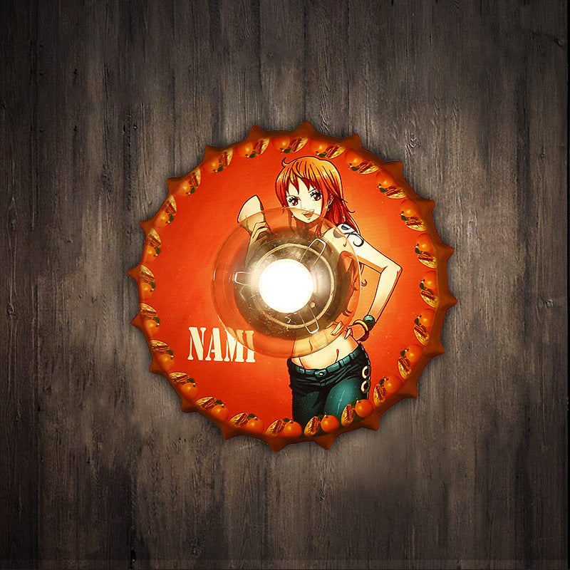 Metal Bottle Cap Sconce Lighting Vintage 1-Light Corridor Wall Mount Lamp Fixture in Red/Black/Blue with Princess Pattern Clearhalo 'Art deco wall lights' 'Cast Iron' 'Glass' 'Industrial wall lights' 'Industrial' 'Middle century wall lights' 'Modern' 'Rustic wall lights' 'Tiffany' 'Traditional wall lights' 'Wall Lamps & Sconces' 'Wall Lights' Lighting' 537729