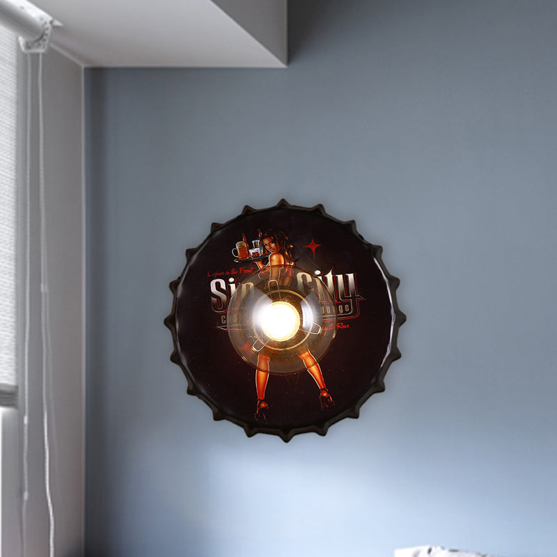 Metal Bottle Cap Sconce Lighting Vintage 1-Light Corridor Wall Mount Lamp Fixture in Red/Black/Blue with Princess Pattern Clearhalo 'Art deco wall lights' 'Cast Iron' 'Glass' 'Industrial wall lights' 'Industrial' 'Middle century wall lights' 'Modern' 'Rustic wall lights' 'Tiffany' 'Traditional wall lights' 'Wall Lamps & Sconces' 'Wall Lights' Lighting' 537737