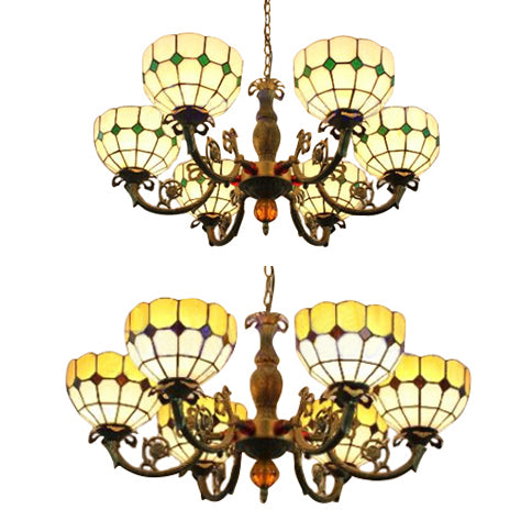 6 Heads Bowl Shade Pendant Light Tiffany Antique Glass Chandelier in Green/Yellow for Hotel Clearhalo 'Ceiling Lights' 'Chandeliers' 'Close To Ceiling Lights' 'Industrial' 'Middle Century Chandeliers' 'Tiffany Chandeliers' 'Tiffany close to ceiling' 'Tiffany' Lighting' 54039