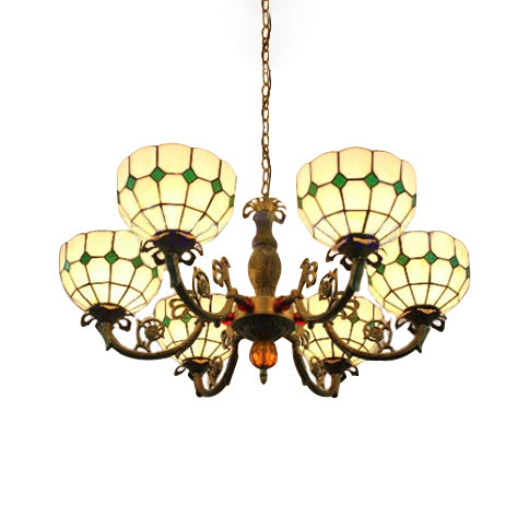 6 Heads Bowl Shade Pendant Light Tiffany Antique Glass Chandelier in Green/Yellow for Hotel Green Clearhalo 'Ceiling Lights' 'Chandeliers' 'Close To Ceiling Lights' 'Industrial' 'Middle Century Chandeliers' 'Tiffany Chandeliers' 'Tiffany close to ceiling' 'Tiffany' Lighting' 54040
