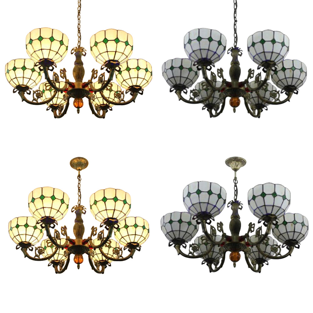 6 Heads Bowl Shade Pendant Light Tiffany Antique Glass Chandelier in Green/Yellow for Hotel Clearhalo 'Ceiling Lights' 'Chandeliers' 'Close To Ceiling Lights' 'Industrial' 'Middle Century Chandeliers' 'Tiffany Chandeliers' 'Tiffany close to ceiling' 'Tiffany' Lighting' 54041