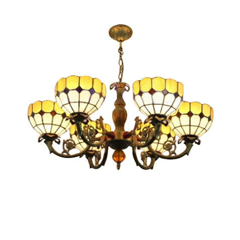 6 Heads Bowl Shade Pendant Light Tiffany Antique Glass Chandelier in Green/Yellow for Hotel Yellow Clearhalo 'Ceiling Lights' 'Chandeliers' 'Close To Ceiling Lights' 'Industrial' 'Middle Century Chandeliers' 'Tiffany Chandeliers' 'Tiffany close to ceiling' 'Tiffany' Lighting' 54042